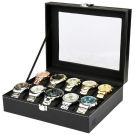 H & S® Glass Lid Jewellery Box with 10 Compartments with Box Case Bracelet Tray Eco Leather 